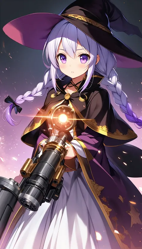 (Highly detailed 8k wallpaper), Mid shot of Loli Necromancer, yinji, (purple hair, purple eyes, long hair, white hair, double braids, gradient hair,Particle Lighting, High Detail, Dramatic, Gatling gun in hand, Clean background, wearing wizard hat, 