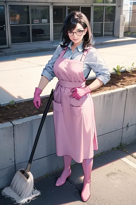 A mature woman with black hair and glasses wearing a suit and white rubber boots, large pink rubber gloves, and a white apron is cleaning the schoolyard.