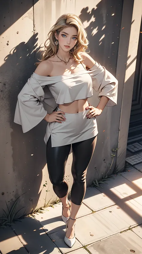 24-year-old female、long hair、Hair becomes wavy、Sexy proportions、Wear a one-shoulder top、Wear low rise leggings、Wear stiletto heels、smile、Place your hands on your hips、Old concrete wall background、sunlight from directly above