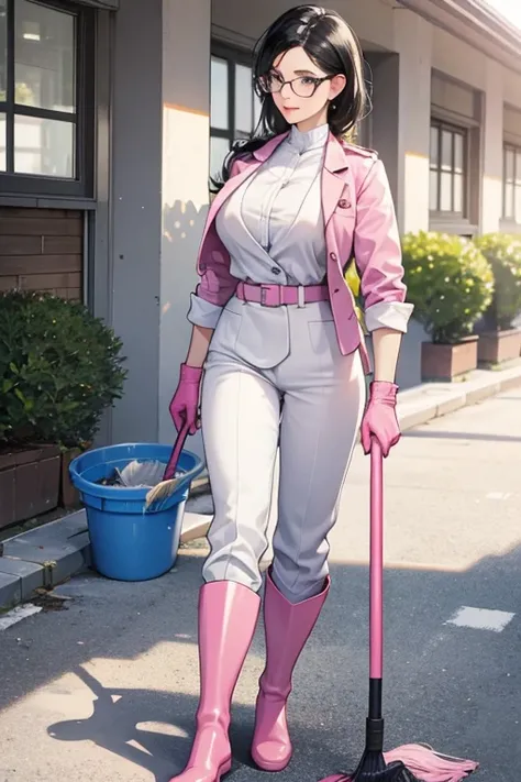 A mature woman with black hair and glasses in a suit is cleaning the schoolyard wearing white rubber boots and large pink rubber gloves.