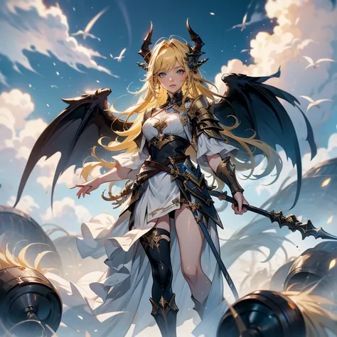 (STYLE OF GRANBLUE FANTASY) ,(8K),(UNREAL),solo,1girl,Yellow haired, devil horn,Gradient wing, realistic, best quality, masterpiece, ultra detail, ultra high res,BREAK (outdoors),FLYING IN SKY,moon,spear,look at viewer,scary face