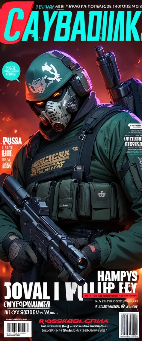 (magazine cover:1.0), masterpiece, best quality, very aesthetic, elite soldier, full mask, Russia, cyberpunk 