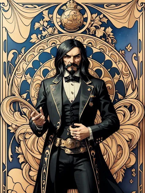 ((Art Nouveau Style)); Lemmy Kilmister as The King of Spades in a stoic pose; ((Traditional King of Spades outfit)); standing; ultrarealistic skin, ultrarealistic face; ultrarealistic body; ((ultrarealistic gold ornaments)); detailed skin; ultra detailed e...