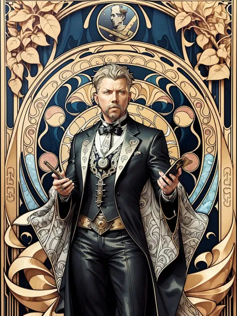 ((Art Nouveau Style)); James Hetfield as The King of Spades in a stoic pose; ((Traditional King of Spades outfit)); standing; ultrarealistic skin, ultrarealistic face; ultrarealistic body; ((ultrarealistic gold ornaments)); detailed skin; ultra detailed ey...