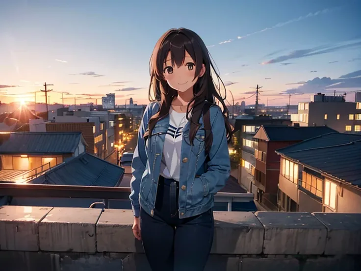 shiho Nishizumi,Blue jean jacket,Jeans pants,Semi-long hair,Ashime Hair,Brown Hair,Black Eyes,Big Breasts,Smiling expression,from the front,Sunset view,Broken posture,Rooftop garden,At least one backpack, Beautiful image quality,slightly muscular,