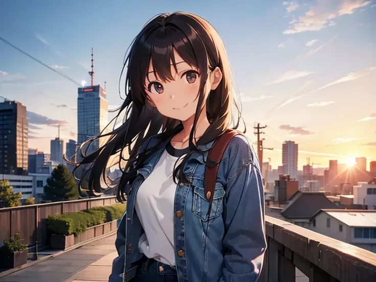 shiho Nishizumi,Blue jean jacket,Jeans pants,Semi-long hair,Ashime Hair,Brown Hair,Black Eyes,Big Breasts,Smiling expression,from the front,Sunset view,Broken posture,Rooftop garden,At least one backpack, Beautiful image quality,slightly muscular,