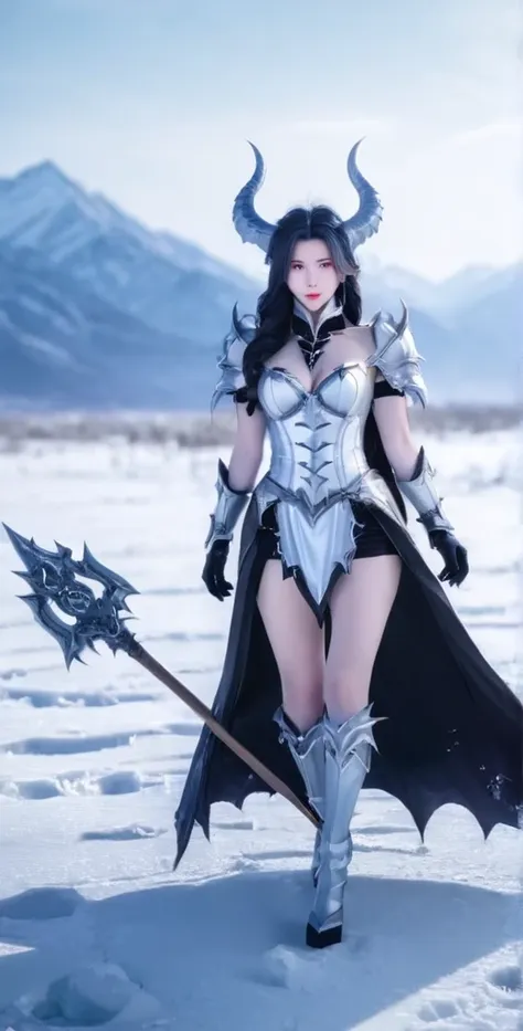 an ice female demon、standing in the frozen snow field、witch wearing pale armor, ((sexy costume:1)), sexy female devil,