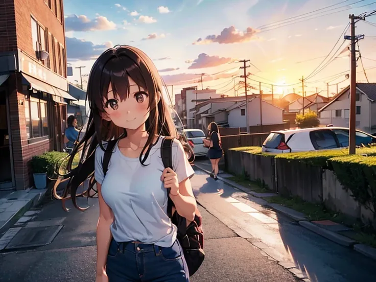 shiho Nishizumi,BlueＴshirt,Jeans pants,Semi-long hair,Ashime Hair,Brown Hair,Black Eyes,Big Breasts,Smiling expression,blush,from the front,Sunburn,Sunset view,Broken posture,Urban area,On the way home,At least one backpack,slightly muscular,Beautiful imag...