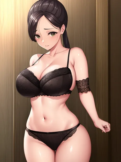 akaneyoshizawa, akane yoshizawa, black hair, ponytail, (green eyes:1.5), swept bangs, long hair,
 (Sexy Lingerie:1.4), (Big Breasts:1.5)、((Long eyelashes:1.4))、(Moody light)、Small face、(Detailed face)、(Detailed eyes)、(Realistic images)、(Mature Woman:1.5)
B...