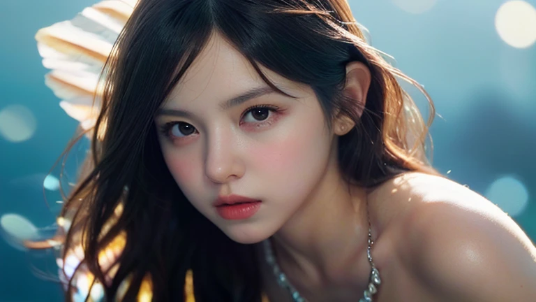 1 woman,alone,black hair,realistic,black eye,head fins,portrait,Mermaid,Lips,water,괴water 소녀,closed,wallpaper,chest,hemisphere, (masterpiece:1.2), best quality, mackerel,very detailed CG,perfect lighting,8k wallpaper,picture, photorealistic,, best quality ...