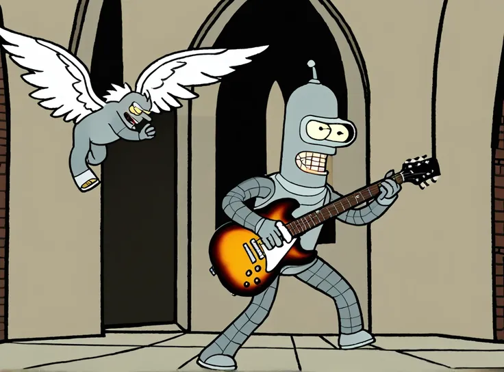 bender playing electric guitar run outside church at bigger extra explosion, angry and mad, yelling and screaming, large breasts...