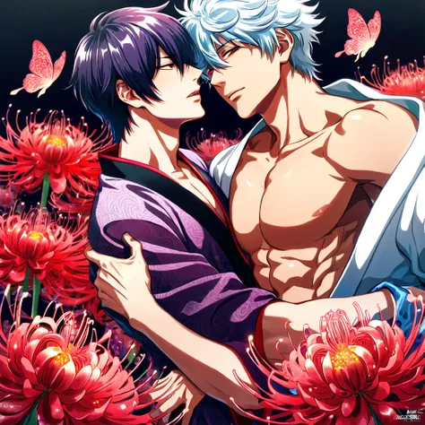 absurdres, highres, ultra detailed, HDR, master piece, best quality, Takasugi Shinsuke, dark purple hair, hair over the left eye, expressive brown eyes, Gintama, Sakata Gintoki, white hair, expressive red eyes, two men together, gay couple, yaoi, handsome,...