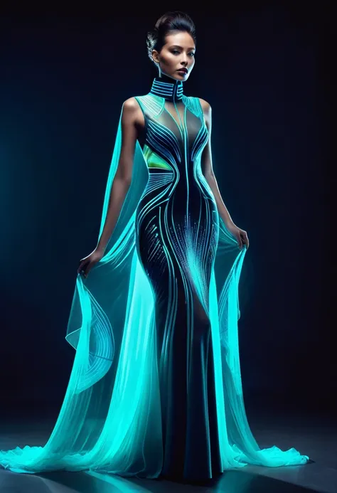 advance hi-tech futuristic bioluminescent haute couture fashion, sophisticated fashion style, complex style, photo model, high c...