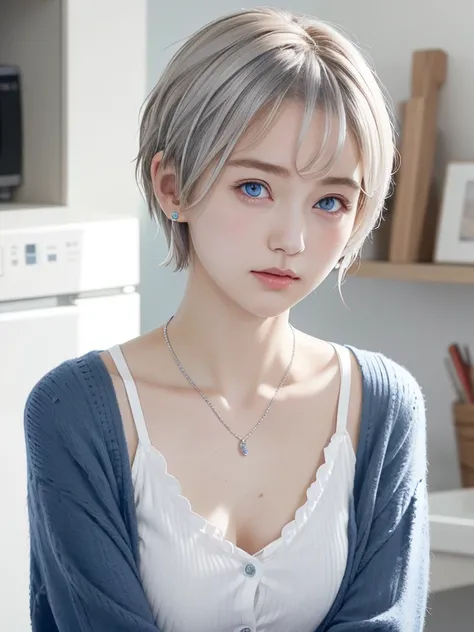 205 ((short hair)), 18 year old female, Wear underwear、Cardigan、wet underwear、D cup breasts、 anxious look、Silver hair、earrings、Necklace on the neck、looking into camera、charming blue eyes