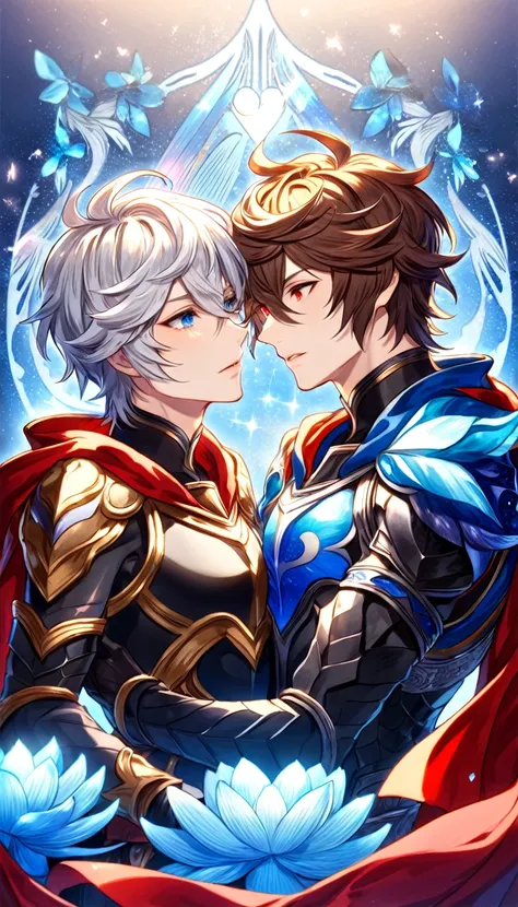 absurdres, highres, ultra detailed, HDR, master piece, best quality, Lucifer, white hair, expressive blue eyes, granblue fantasy, Sandalphon, brown hair, expressive red eyes, two men together, gay couple, yaoi, handsome, black armor, red cape, patterns, ma...