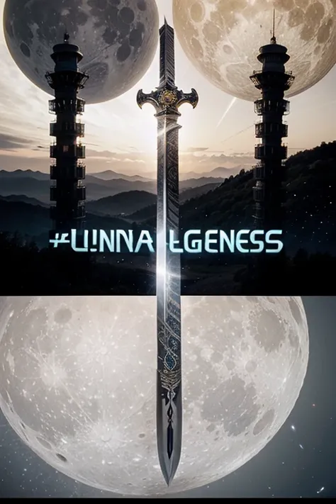 Team banner(team name: lunar legends). Have a sword facing down with a galaxy inside the blade of the sword. Add the words lunar legends to hilt of the sword. 