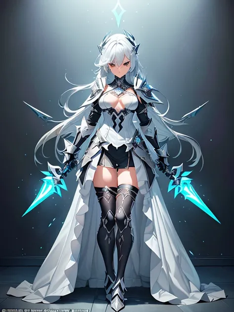 Design a layout showcase Gaming character, (1girl). Black+Silver clothes, stylish and unique, ((showcase weapon:1.4)), celestial spear, (masterpiece:1.2), (best quality), 4k, ultra-detailed, (Step by step design, layout art:1.5), (luminous lighting, atmosp...