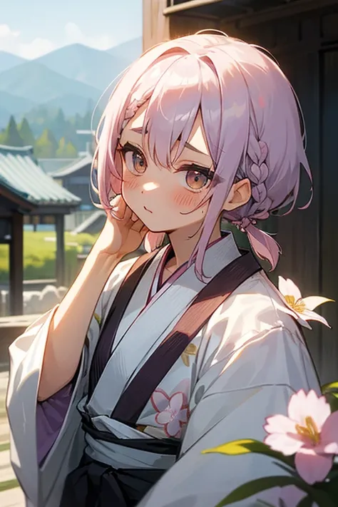 Short white hair, blush, 、Headbang 2.、、Braiding、2 hair clips、Tie your hair up、Okinawan style、The image of the face remains the same、yukata、Floral、Hot Spring Town、