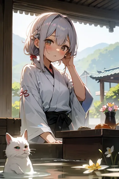 Short white hair, blush, 、Headbang 2.、、Braiding、2 hair clips、Tie your hair up、Okinawa風、The image of the face remains the same、yukata、flower柄、Hot Spring Town、Okinawa、Shisa、flower、