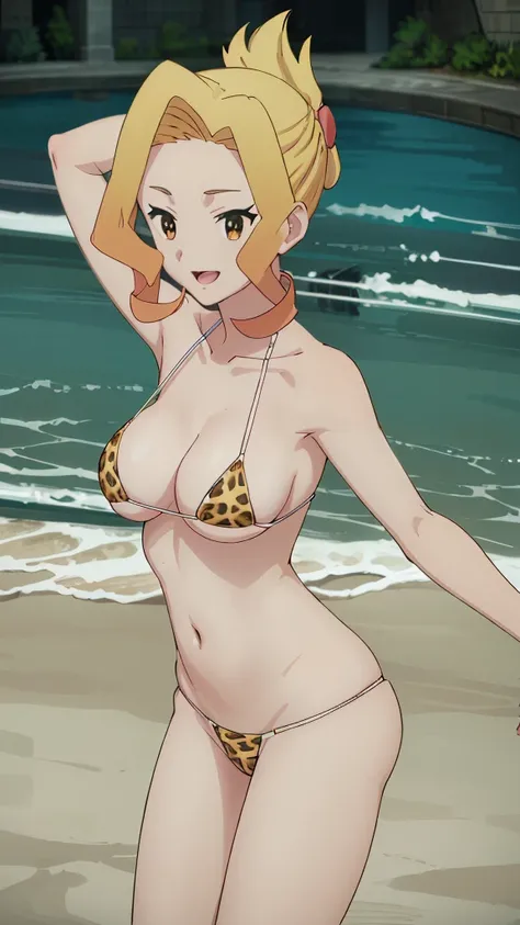 (masterpiece, 4K, highest quality, anime style: 1.9, Detailed face, Lovely, Ocean,Bold Line, High resolution, anime, Lake 4. alone, Curvaceous, slim,smile, Please open your mouth wide, 非常にslimなお腹, Cowboy Shot, (Leopard print bikini),1 girl, Naked in a swim...