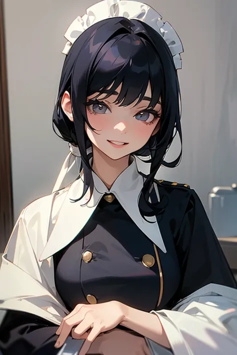 (Highest Resolution, clear_image) highest quality, Single person, One woman, alone, masterpiece, Very detailed, Semi-realistic, Black Hairのショートヘア, Black Hair, bangs, 18-year-old, mature, light blue uniform, uniform, Indoor Background, kind, Authoritative, ...