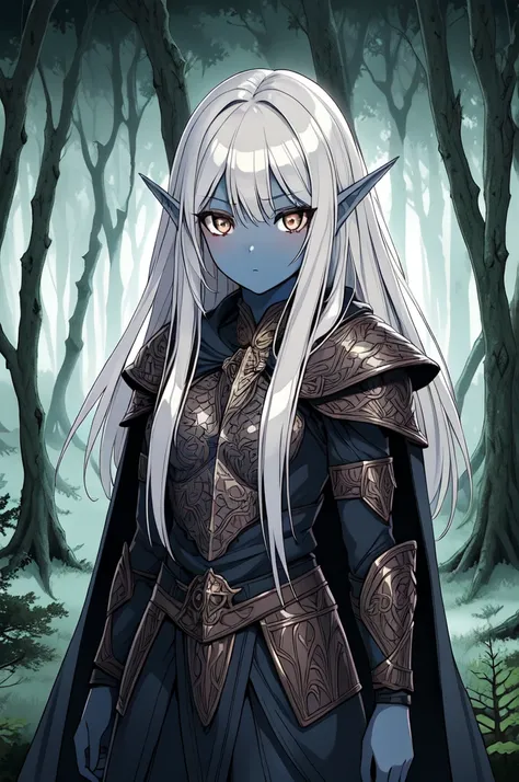 masterpiece, best quality, CG, wallpaper, HDR, high quality, high-definition, extremely detailed, drow, colored skin, dark elf, blue skin, grey skin, pointy ears, cape, armor, looking at viewer, 1girl, forest, dark forest, mythical forest, dimmed light, br...