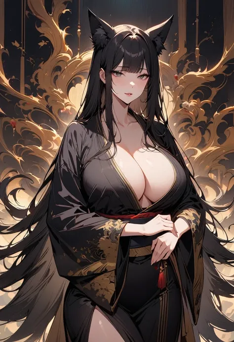 Masterpiece, very detailed, ultra detailed, one, (1 woman), Japanese, She is in a tight white yukata with golden details and in an elegant pose, super mature, tall, mom, mature mother, super long hair, black and dark hair, straight hair and straight bangs,...