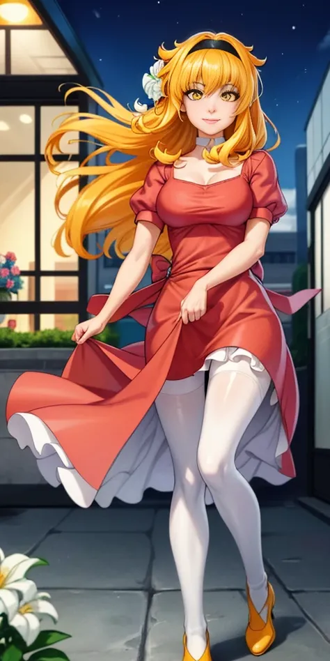 ((Roxanne)) ((woman dressed holding flowers and flowers near a store window)) 1girl, flower, solo (dog fluffy ears) [[orange hair]] pantyhose, bouquet, looking at viewer, black hairband, yellow eyes, dress, hair flower, holding a bouquet, standing, short s...