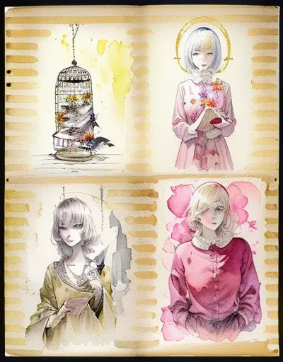 sketches of a woman with a book, a birdcage, a flower and a bird, inspired by Takeshi Obata, inspired by Junji Ito, illustrative!!, watercolor illustration style, illustration!, illustrative art, inspired by Stephen Gammell, manga scans, ink and watercolor...