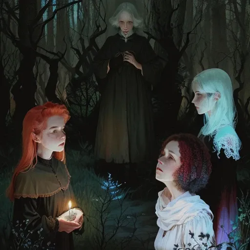 there are three people that are standing in the woods, folk horror, the council of spooky bitches, haunted painting, digital collage, circle of the crone, a seance, by Jane Graverol, by Daphne Fedarb, mourning family, inspired by Johann Kaspar Füssli, horr...