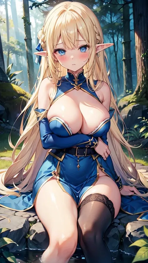 Blonde hair and blue eyes　Long Hair　Elf　Big Breasts　Dark blue scoop water　Embarrassing　Erotic　blush　Large Breasts　Beauty　cute　Highest quality　Dark blue stockings　in the forest　Cross your arms