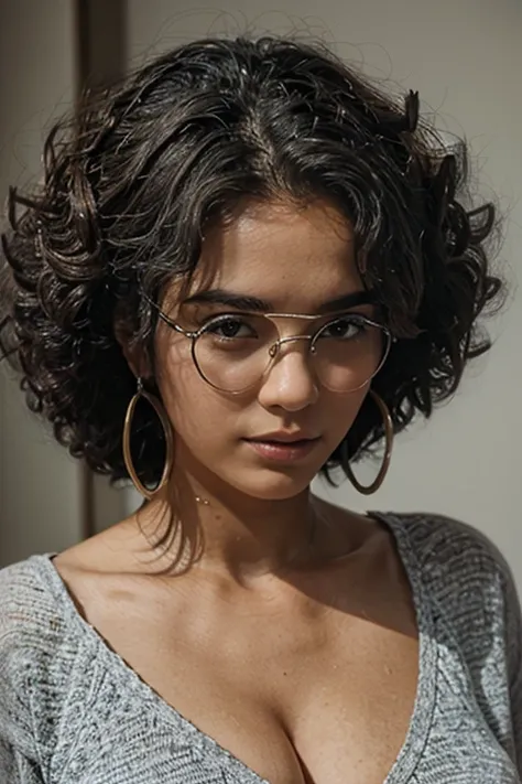 mulher, pesando 83 quilos, grey hair, floating hair, big hair, afro, medium hair, wide-eyed, crescent earrings, forehead mark, over-rim eyewear, expressionless, determined