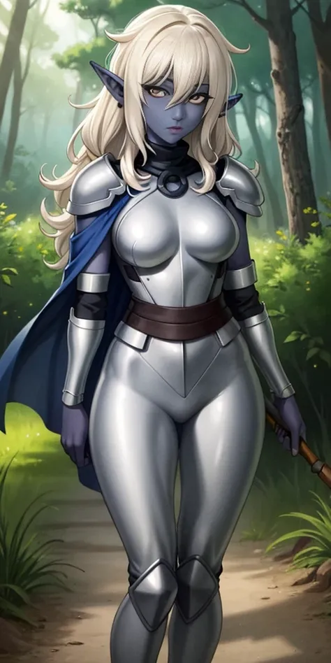 masterpiece, best quality, CG, wallpaper, HDR, high quality, high-definition, extremely detailed, drow, colored skin, dark elf, blue skin, grey skin, pointy ears, cape, armor, looking at viewer, 1girl, forest, dark forest, mythical forest, dimmed light, br...