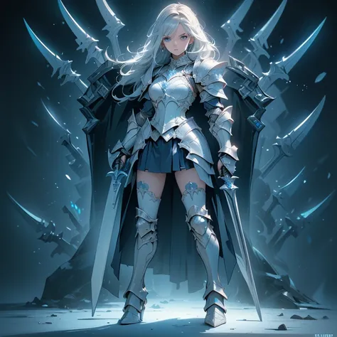 Design a layout showcase Gaming character, (1girl). Silver+Blue clothes, elegant and futuristic, ((showcase weapon:1.4)), energy sword, (masterpiece:1.2), (best quality), 4k, ultra-detailed, (Step by step design, layout art:1.5), (glowing effects, ambient ...