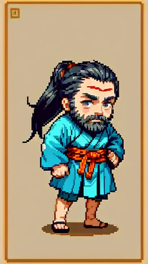 Old man in ancient Chinese costume、Wise Old Man、Looking into the camera、His hair is tied in a bun、Only one topknot、Long sleeve、Hanfu、Black Hair、Stand and pose、Pixel art、(masterpiece, highest quality, highest quality), pixel,pixel art,whole body,Characters ...