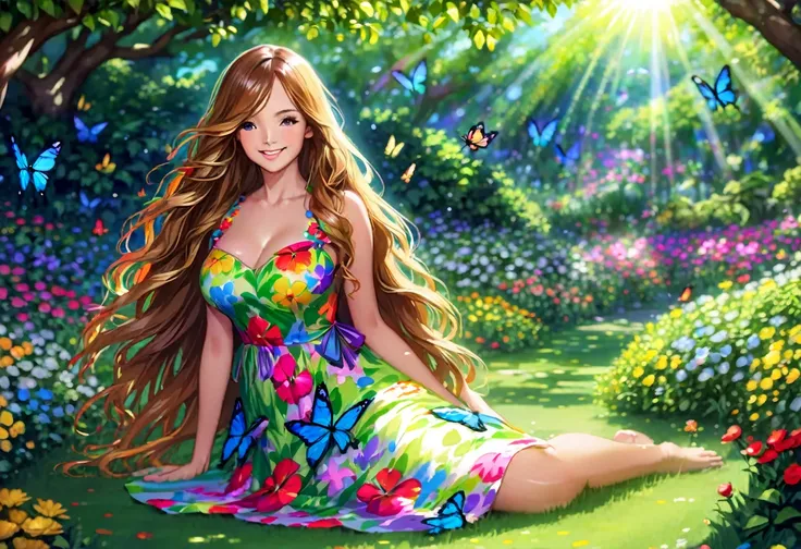 a beautiful girl in a garden, long wavy hair, smiling, wearing a colorful floral dress, sunlight filtering through the trees, lu...