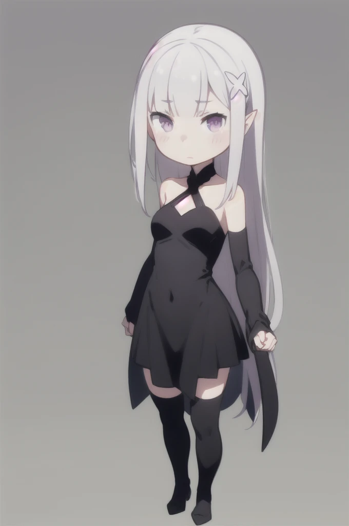 (CHIBI:1.3),(full body),simple_background,
1girl,solo,emilia (re:zero),pointy ears,purple eyes,grey hair,white hair,very long hair,blunt bangs,
head ornament,hood down,sidelocks,YWQk,black dress,dark aura,yellow flower,black thighhighs,black cloak,veil,bla...