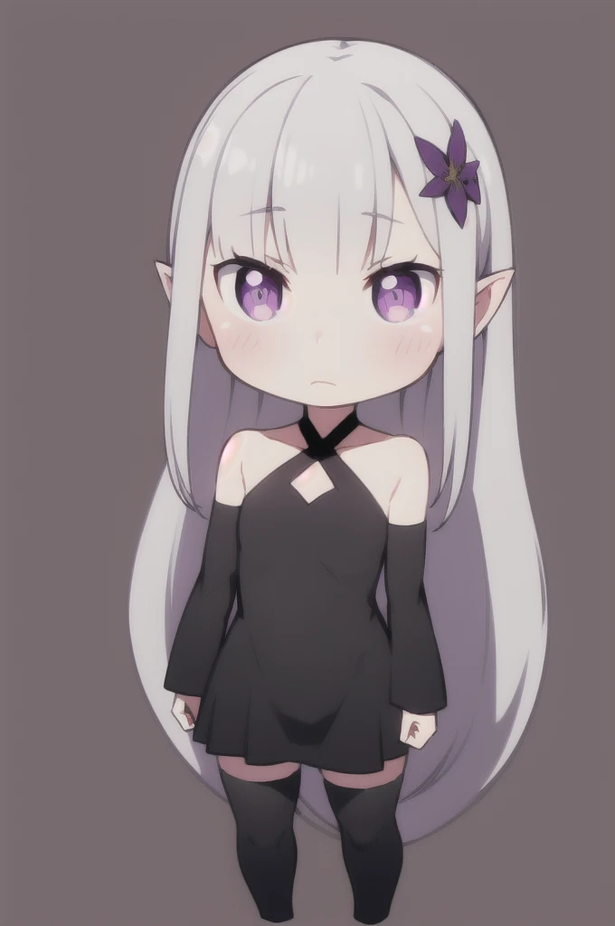 (CHIBI:1.3),(full body),simple_background,
1girl,solo,emilia (re:zero),pointy ears,purple eyes,grey hair,white hair,very long hair,blunt bangs,
head ornament,hood down,sidelocks,YWQk,black dress,dark aura,yellow flower,black thighhighs,black cloak,veil,bla...