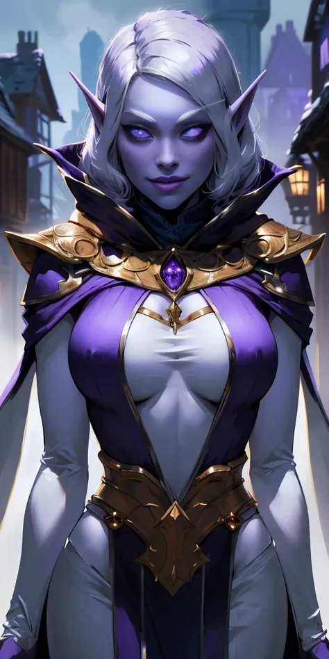 (Female drow elf chest covered very purple skin)(smile) pale golden hair and violet eyes. They prefer clothing of white and silver with cloaks of deep blue or purple, village background, huge knockers, ((very precise detailed)), ((high res)