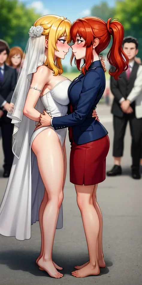 Body position: Standing, straight, symmetrical, barefoot, Lustful smile on face with red blush, 2 girls who gets married and stands in front of many people, kissing