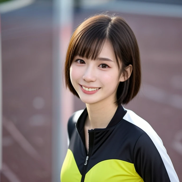 (kawaii 24 year-old Japanese girl, Nogizaka idol, Korean idol, track and field player), healthy female athlete body, glossy black hair, (very short hair, bangs:1.2), beautiful black eyes, rounded face, single eyelid, (no makeup:1.2), (big laughing), (track...