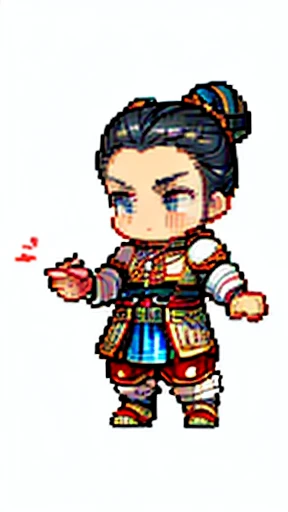 Man in ancient Chinese armor、Clever man、Looking into the camera、His hair is in a bun、Only one topknot、Black Hair、Stand and pose、Pixel art、(masterpiece, highest quality, highest quality), pixel,pixel art,whole body,Characters in Romance of the Three Kingdom...