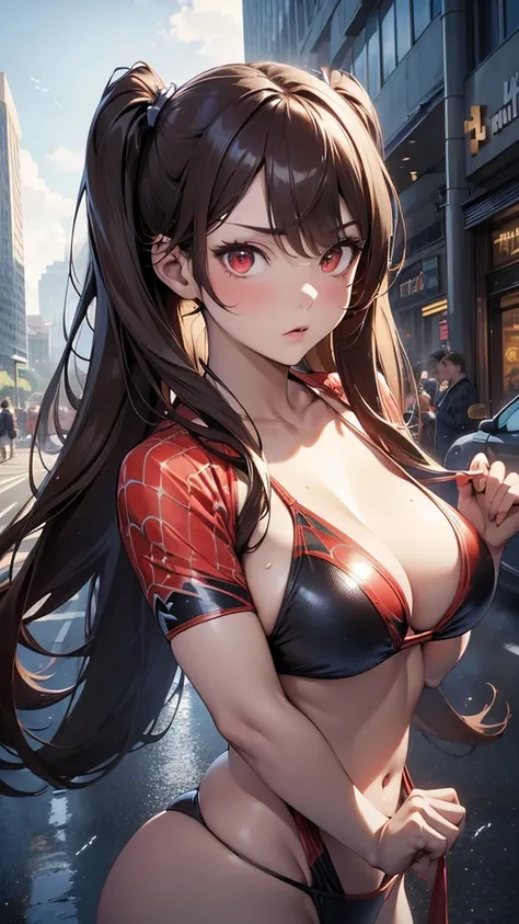 (masterpiece, best quality), intricate details, 8k, artstation, wallpaper, official art, splash art, sharp focus,, 1girl, long hair, twin tails, red eyes, brown hair, ,  spider swimsuit suit, spider web printing, spider web,  , skyscrapers, city, buildings...