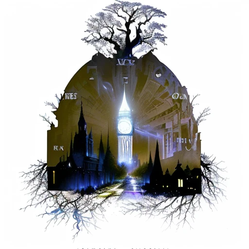 there is a picture of a city with a clock tower in the background, atmospheric artwork, fairytale artwork, album cover!, art concept for a book cover, night life, raphaelite, atmospheric night, cover art, promotional artwork, album cover, atmospheric”, atm...