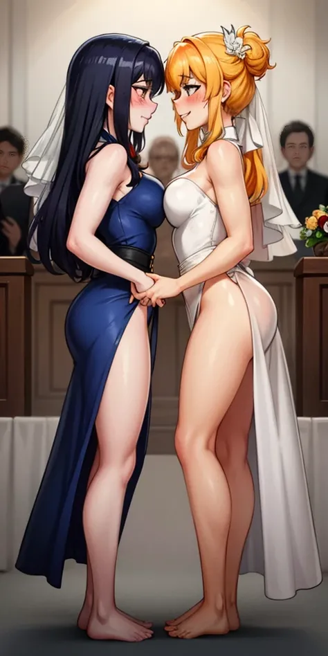 Body position: Standing, straight, symmetrical, barefoot, Lustful smile on face with red blush, 2 girls who gets married and stands in front of many people, kissing