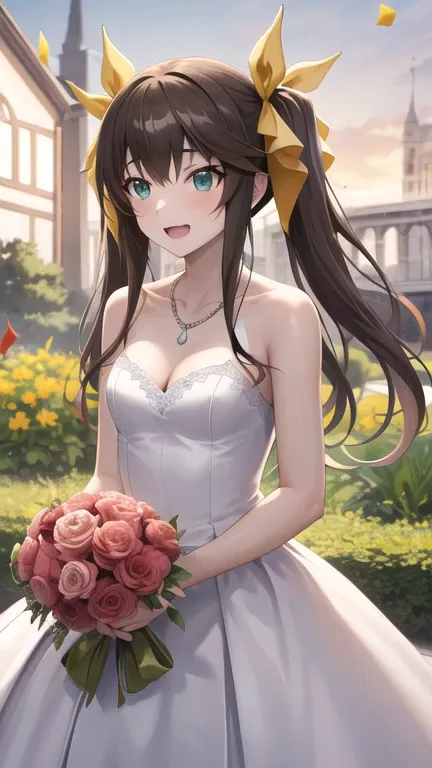 masterpiece, best quality, highres, Huang Lingyin, long hair, twintails, hair ribbon, small breasts, wedding dress, cleavage, necklace, white dress, garden, standing, holding bouquet, open mouth, smile, confetti,