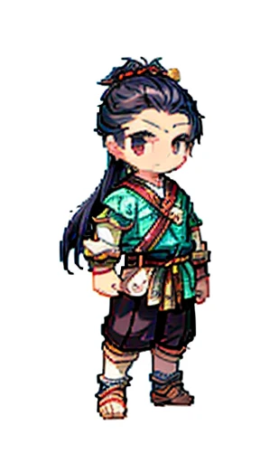 Ancient Chinese man in armor、Clever man、Looking into the camera、His hair is in a bun and wrapped in cloth、Only one topknot、Long sleeve、Hanfu、Black Hair、Stand and pose、Pixel art、(masterpiece, highest quality, highest quality), pixel,pixel art,whole body,Cha...