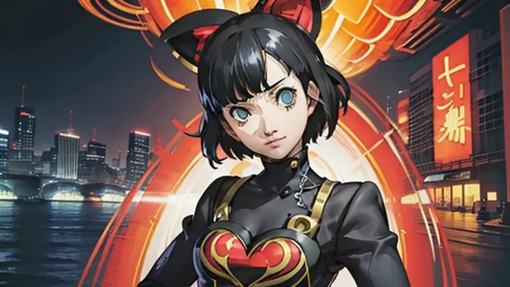 1girl, expressive eyes, wink, sneaky smile, patterned clothes dress, jojo poses, big urban city in night time in background, detail richness, masterpiece, best quality, PERSONA style, Soejima Shigenori style