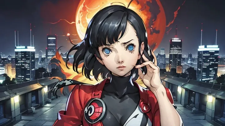 1girl, expressive eyes, wink, sneaky smile, patterned clothes dress, jojo poses, big urban city in night time in background, detail richness, masterpiece, best quality, PERSONA style, Soejima Shigenori style