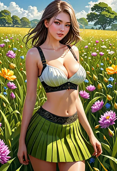 A beautiful full-bodied women with an unnaturally thin-waist. large-round breasts-with sibllime-cleavage. pleated Mini skirt, tight-tanktop, midriff.  In a field of millions of detailed flowers. Official Art, Award Winning Digital Painting, Digital Illustr...